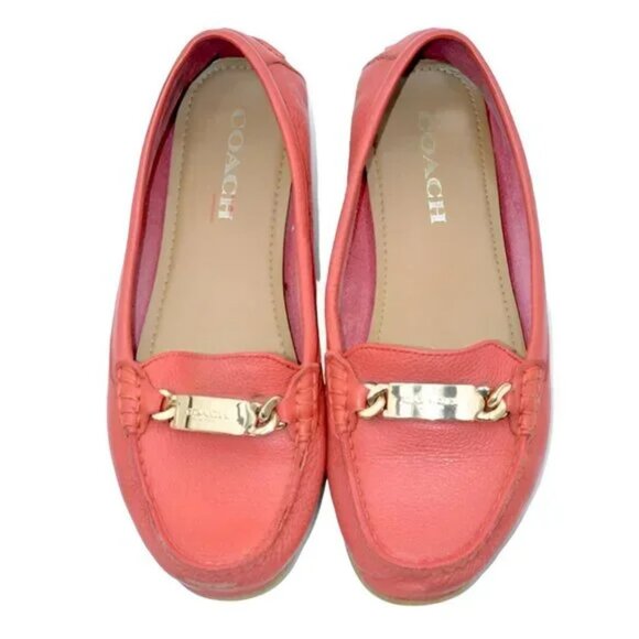 Coach Coral Peach Orange Soft Pebbled Leather Gold Driving Flats Loafers 7.5 - Picture 3 of 9